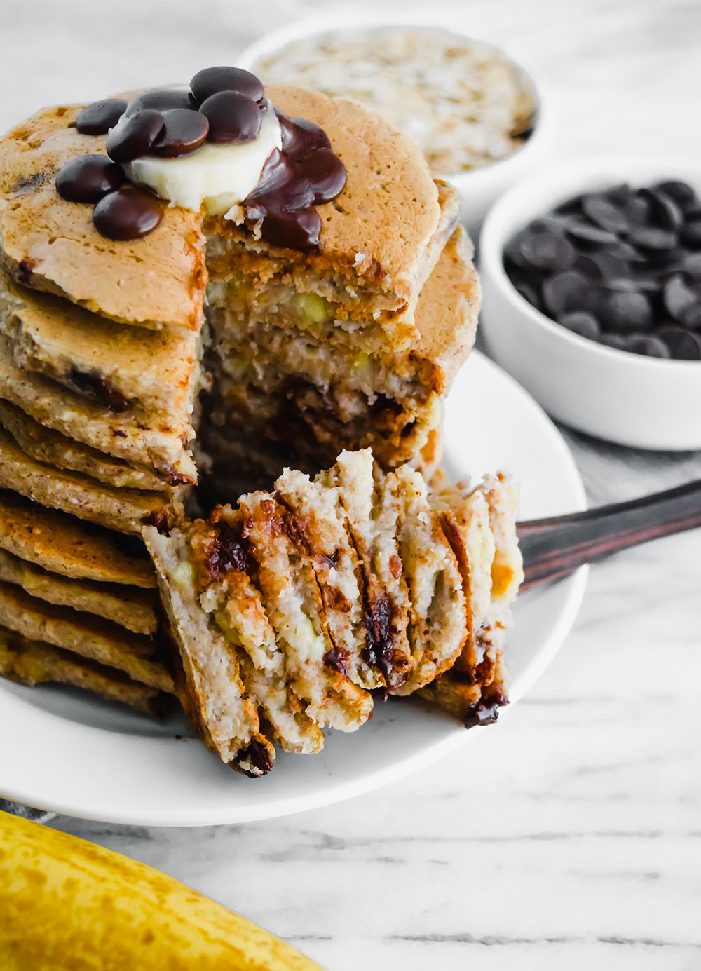 Vegan Banana Chocolate Chip Pancakes